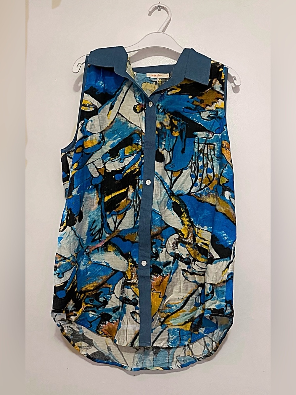 Sleeveless Abstract Print Button-Front Shirt - Blue Multi